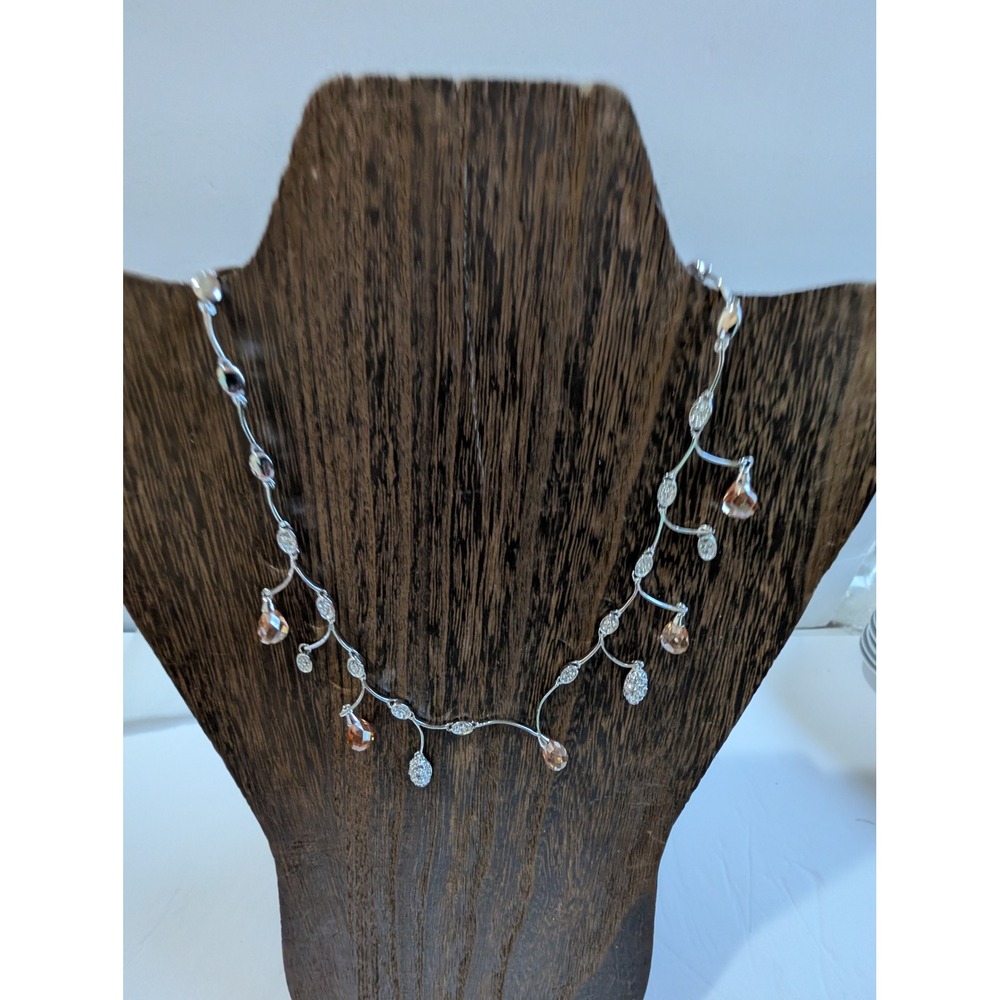 Silver Tone Amber and Clear Crystal Vine Drop Necklace 16 Inch